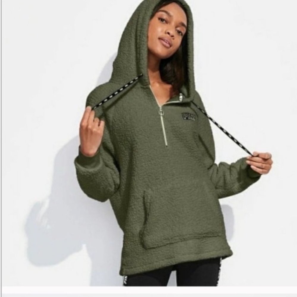VS PINK SHERPA HOODIE OLIVE SIZE MEDIUM